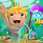 Podmorská scéna s animovanou postavou morského chlapca s trojzubcom a pestrofarebným logom Aqua Blocks na pozadí