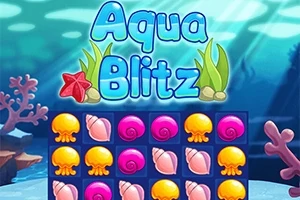 Podmorská scéna s logom Aqua Blitz nad hracím poľom obsahujúcim mušle a medúzy v rôznych farbách