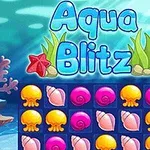 Podmorská scéna s logom Aqua Blitz nad hracím poľom obsahujúcim mušle a medúzy v rôznych farbách