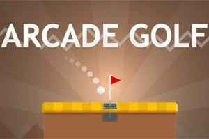 Text ARCADE GOLF na hnedom pozadí s ilustrovanou golfovou jamkou a vlajočkou