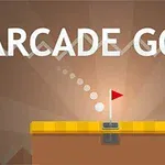 Text ARCADE GOLF na hnedom pozadí s ilustrovanou golfovou jamkou a vlajočkou