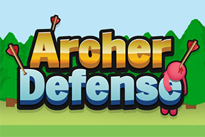 Farebný nápis s textom Archer Defense ozdobený šípmi v popredí kresleného lesa