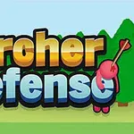 Farebný nápis s textom Archer Defense ozdobený šípmi v popredí kresleného lesa