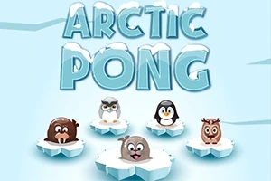 Nadpis Arctic Pong s kreslenými zvieratami, ako sú tuleň, sova, tučniak, medveď a jeleň, stojacimi na ľadových kockách