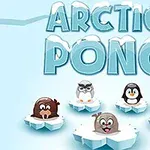 Nadpis Arctic Pong s kreslenými zvieratami, ako sú tuleň, sova, tučniak, medveď a jeleň, stojacimi na ľadových kockách