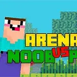 Animované postavy v blokovom štýle s textom Arena: Noob vs Pro na modrom pozadí s rastlinami