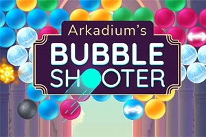 Farebná grafika s farebnými bublinami a nápisom Arkadiums Bubble Shooter