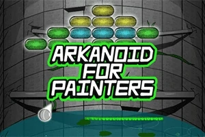 Text Arkanoid for Painters na pozadí s farebnými kameňmi a šedými stenami