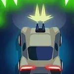 Auto so zbraňou na streche strieľajúce zelené svetelné výboje v tmavom prostredí