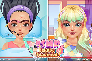 Dvaja kreslené dievčatá, jedna s pleťovou maskou a druhá upravená, s výrazným nápisom ASMR Beauty Treatment
