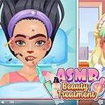 Dvaja kreslené dievčatá, jedna s pleťovou maskou a druhá upravená, s výrazným nápisom ASMR Beauty Treatment