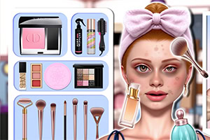 Dievča s ružovou čelenkou a maskou na tvári, obklopené kozmetikou, štetcami a make-up paletami