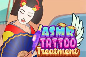 Žena s bielou tvárou a kvetinovým účesom drží modrý vejárom, vedľa text ASMR Tattoo Treatment