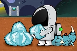 Astronaut zbiera modré kryštály vedľa modrého mimozemšťana na povrchu planéty