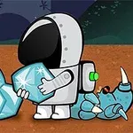 Astronaut zbiera modré kryštály vedľa modrého mimozemšťana na povrchu planéty