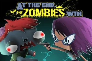 Postava s fialovými vlasmi a okuliarmi mieri pištoľou na zombie s červenými vlasmi a vystrašeným výrazom