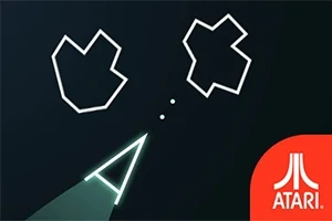Abstraktné tvary asteroidov a trojuholníková loď na čiernom pozadí s logom Atari v rohu
