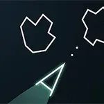 Abstraktné tvary asteroidov a trojuholníková loď na čiernom pozadí s logom Atari v rohu