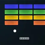 Farebná grafika s farebnými obdĺžnikmi, malá loptička a podlhovastá platforma na čiernom pozadí s logom Atari v pravom dolnom rohu