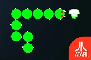 Zelený had s červenými očami a hubou na tmavom pozadí s logom Atari v rohu