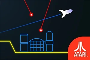 Modrá geometrická grafika budov so sieťou červených laserov a bielou raketou v pravom hornom rohu s logom Atari v pravom dolnom rohu