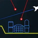 Modrá geometrická grafika budov so sieťou červených laserov a bielou raketou v pravom hornom rohu s logom Atari v pravom dolnom rohu