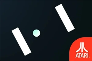 Čierne pozadie s dvoma bielymi obdĺžnikmi a bielou guľou medzi nimi, v pravom dolnom rohu červené logo Atari