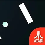 Čierne pozadie s dvoma bielymi obdĺžnikmi a bielou guľou medzi nimi, v pravom dolnom rohu červené logo Atari