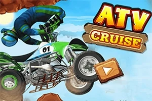 Jazdec na zelenom štvorkolke vo vzduchu s nápisom ATV Cruise na modrom pozadí