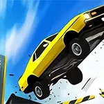 Žlté auto letí vzduchom vedľa rampy na modrej oblohe