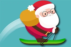 Santa Claus lyžuje so žltým vakom na chrbte na zelenej lyži proti modrému pozadiu