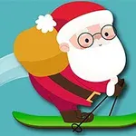 Santa Claus lyžuje so žltým vakom na chrbte na zelenej lyži proti modrému pozadiu