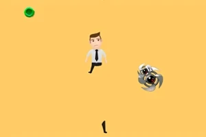 Kreslená postavička v obleku uteká pred malým robotickým pavúkom na žltom pozadí