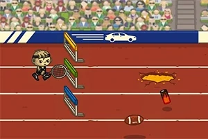Postavička s raketou skáče cez prekážky na atletickej dráhe s prekážkami a futbalovou loptou