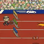 Postavička s raketou skáče cez prekážky na atletickej dráhe s prekážkami a futbalovou loptou