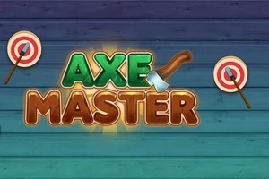 Farebný drevený podklad s nápisom AXE MASTER, malou sekerou v písmene X a dvoma terčmi po bokoch