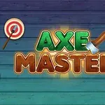 Farebný drevený podklad s nápisom AXE MASTER, malou sekerou v písmene X a dvoma terčmi po bokoch