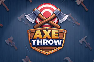 Logo s prekríženými sekerami, terčom a nápisom „AXE THROW na tmavomodrom drevenom pozadí