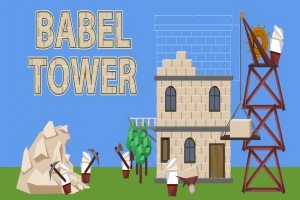 Nápis Babel Tower, nedostavaná veža z kameňa, drevený žeriav a postavičky s krompáčmi
