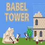 Nápis Babel Tower, nedostavaná veža z kameňa, drevený žeriav a postavičky s krompáčmi