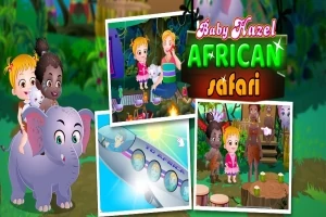 Dve deti jazdia na slonovi s ďalšími animovanými scénami a textom African Safari