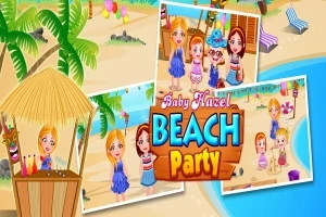 Bábiky na pláži s palmami a vodou, s textom Beach Party uprostred
