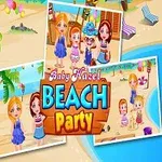 Bábiky na pláži s palmami a vodou, s textom Beach Party uprostred