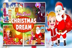 Detská postavička vianočne oblečená stojí vedľa Santa Clausa s textom Baby Hazel Christmas Dream a viacerými scénami v pozadí