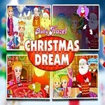 Detská postavička vianočne oblečená stojí vedľa Santa Clausa s textom Baby Hazel Christmas Dream a viacerými scénami v pozadí