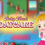Dve kreslené postavičky detí v jasličkovej herni, ružový nadpis Baby Hazel Daycare