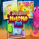 Dievčatko stojí vedľa ružového dinosaura na farebnom pozadí s dvoma obrázkami v pozadí a nápisom Baby Hazel Dinosaur Park
