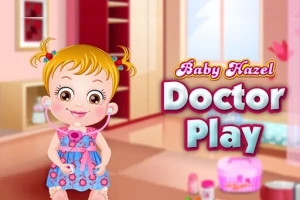 Dievčatko s blond vlasmi v modrých šatách, hrajúce sa na doktorku s fonendoskopom, v detskej izbe s nápisom Baby Hazel Doctor Play