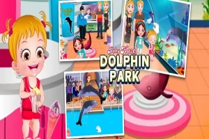 Dievčatko stojí s hračkou na pravej strane obrázka, vedľa sú tri menšie obrázky s delfínmi a text Dolphin Park