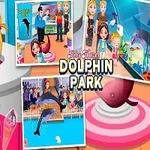 Dievčatko stojí s hračkou na pravej strane obrázka, vedľa sú tri menšie obrázky s delfínmi a text Dolphin Park